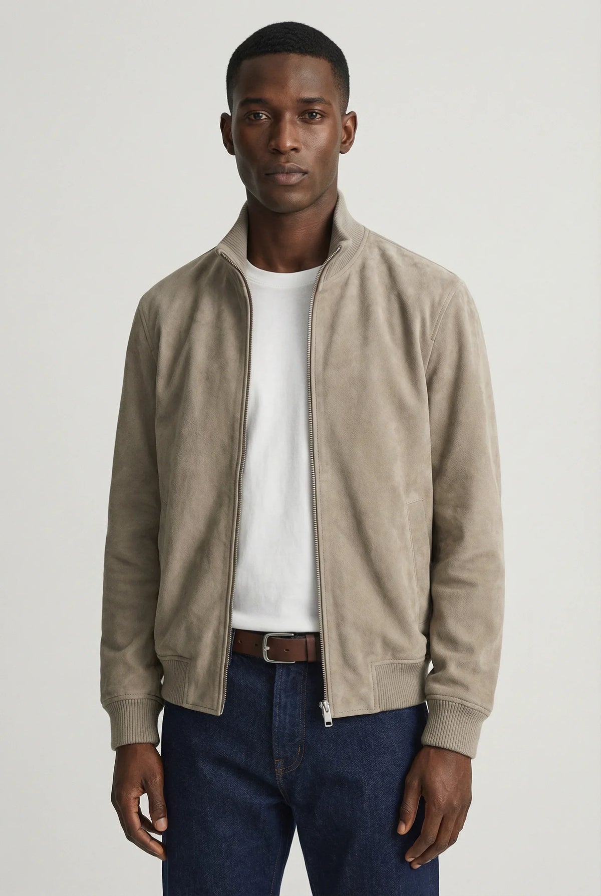 Men's Slim Fit Suede Jacket Stylish Casual Outerwear with Zipper Closure and Pocket Details