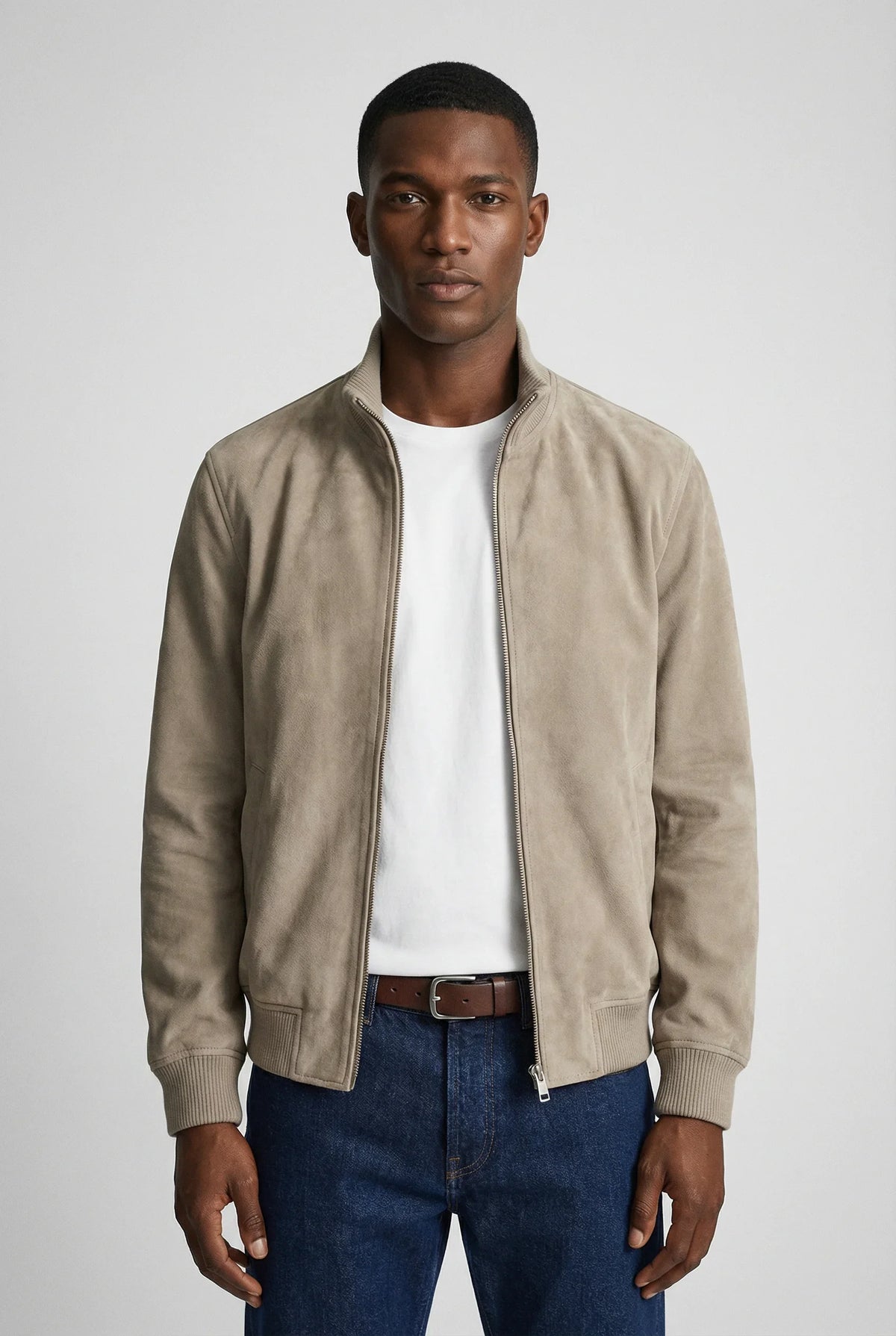 Men's Slim Fit Suede Jacket Stylish Casual Outerwear with Zipper Closure and Pocket Details