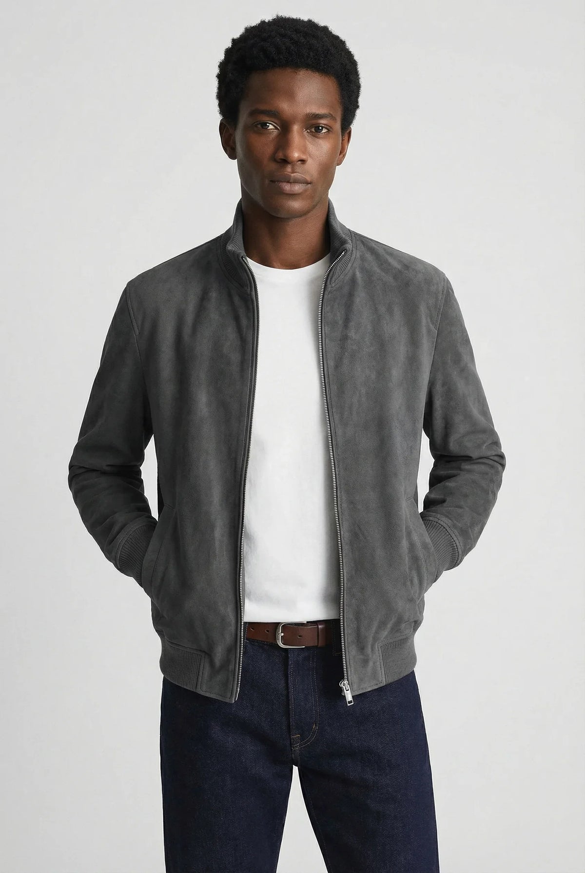 Men's Slim Fit Suede Jacket Stylish Casual Outerwear with Zipper Closure and Pocket Details