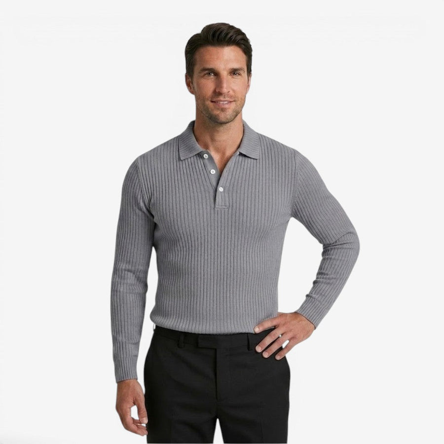 Men's Ribbed Knit Polo Shirt Long Sleeve Collared Business Casual Wear