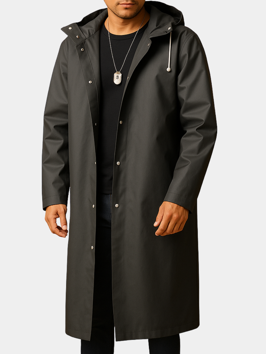Men's Long Raincoat Classic Fit Waterproof Adjustable Hood Stylish Outdoor