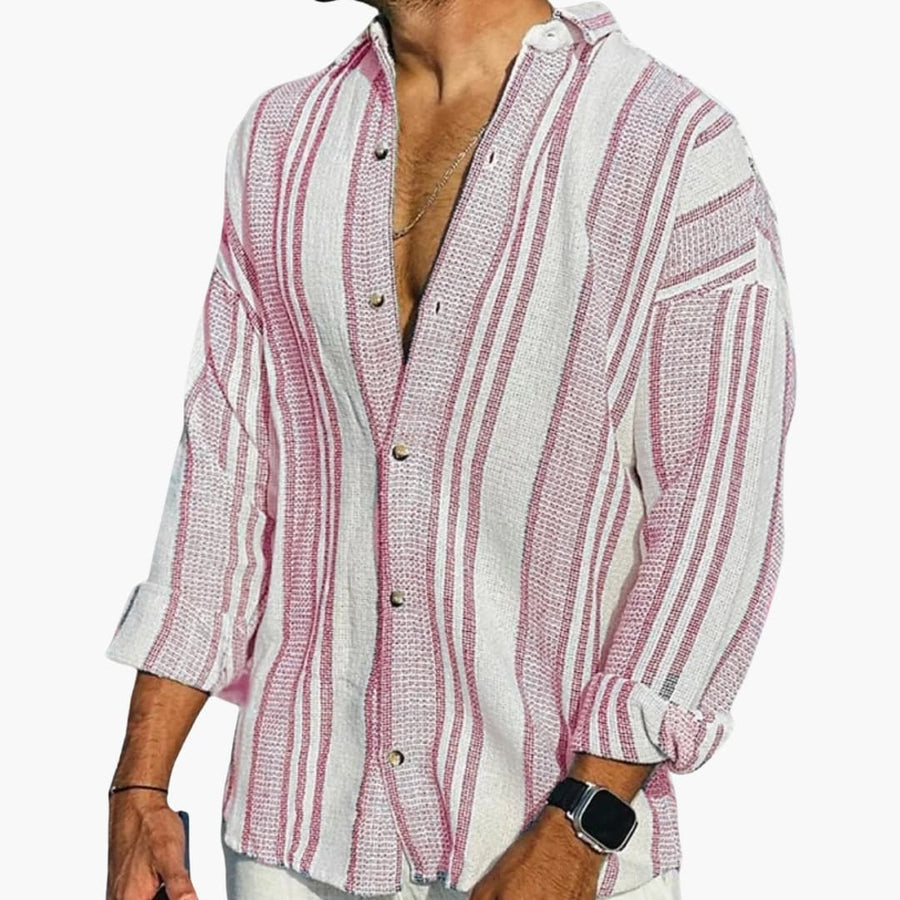Men's Waffle Weave Shirt Striped Stand Collar Short-Sleeve Textured Casual Smart-Casual Holiday Everyday Osric