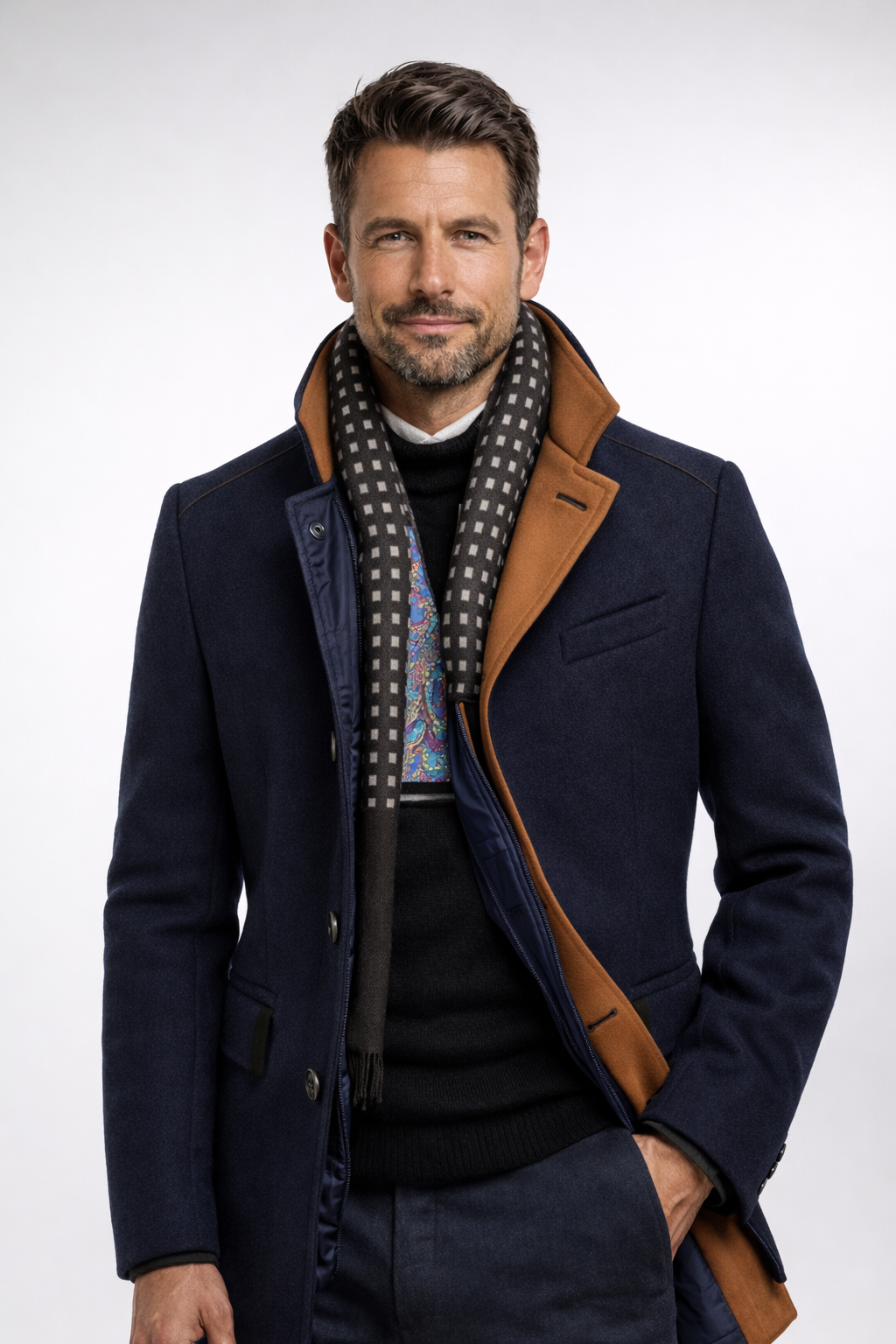Men's Colorblock Overcoat Tailored Fit Long Sleeve Notched Collar Button-Up Winter Outerwear