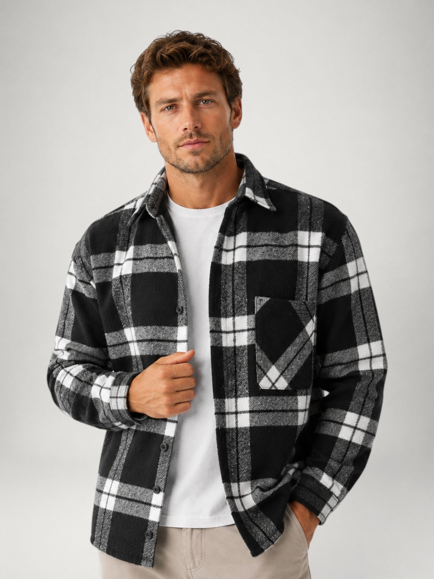Men's Checked Flannel Shirt Long Sleeve Button-Up Casual Layering