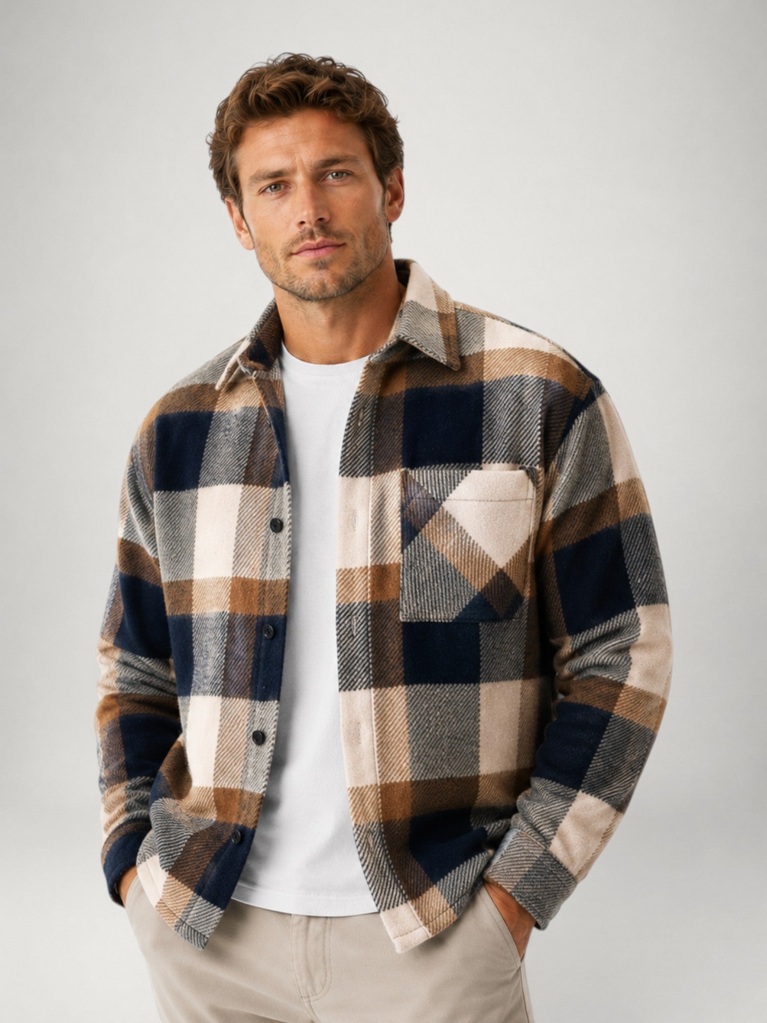 Men's Checked Flannel Shirt Long Sleeve Button-Up Casual Layering