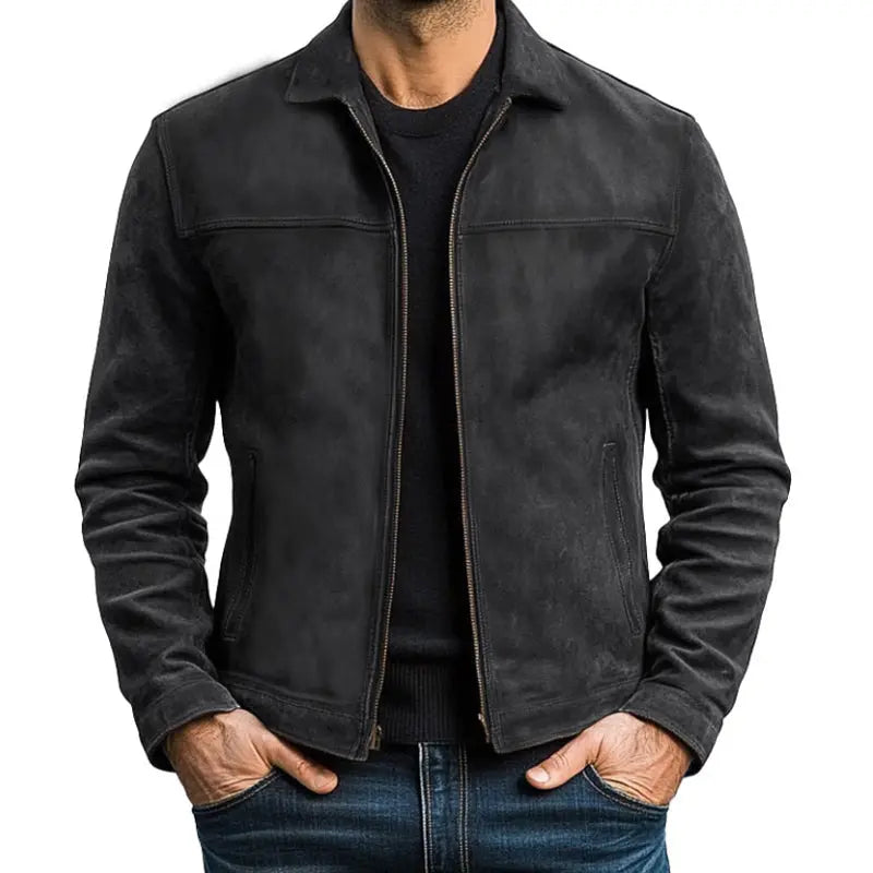 Men's Suede Trucker Jacket Zip-Up Side Pockets Casual Everyday Wear