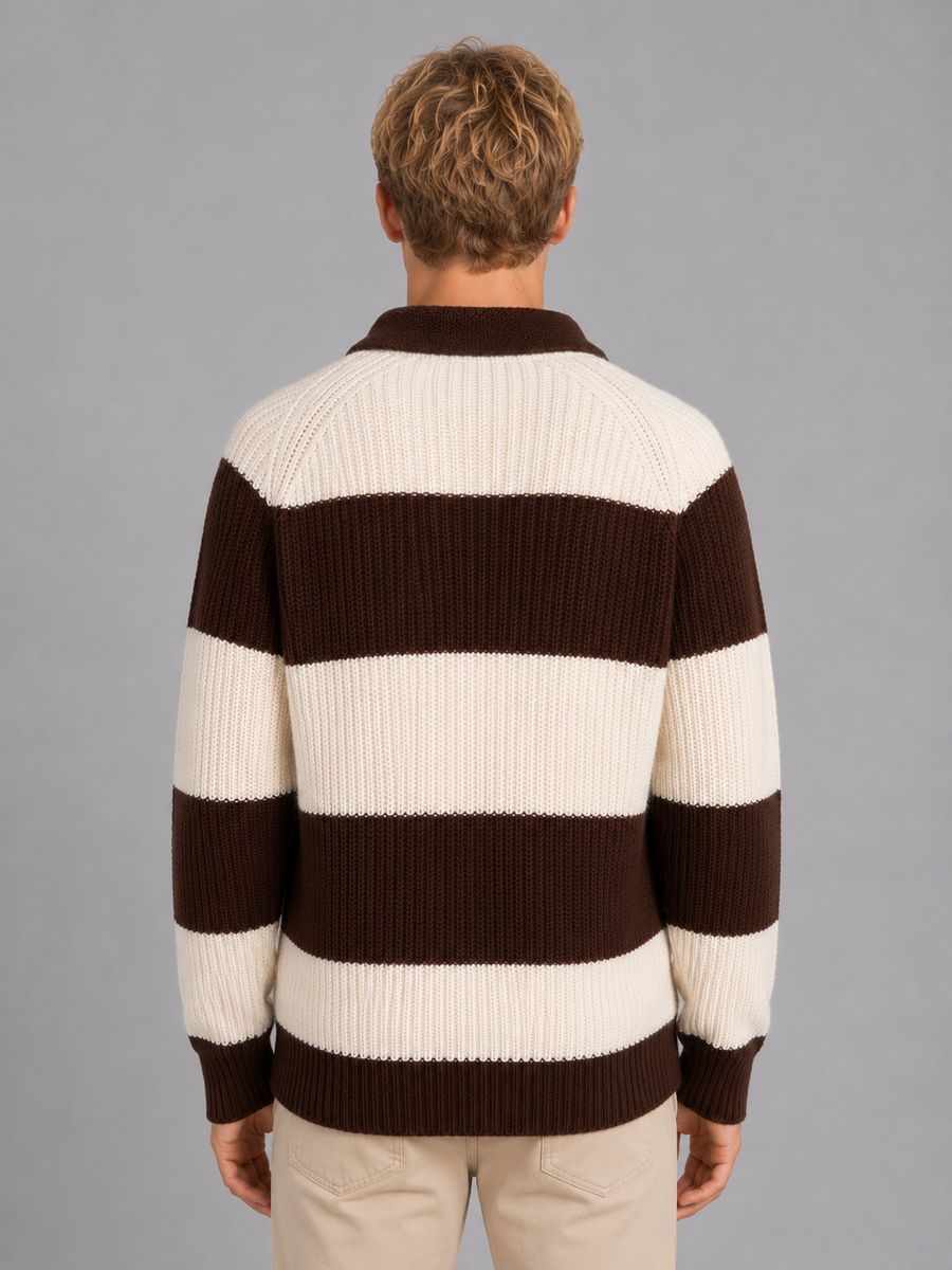 Men's Striped Polo Sweater Button Neck Ribbed Casual Everyday Wear