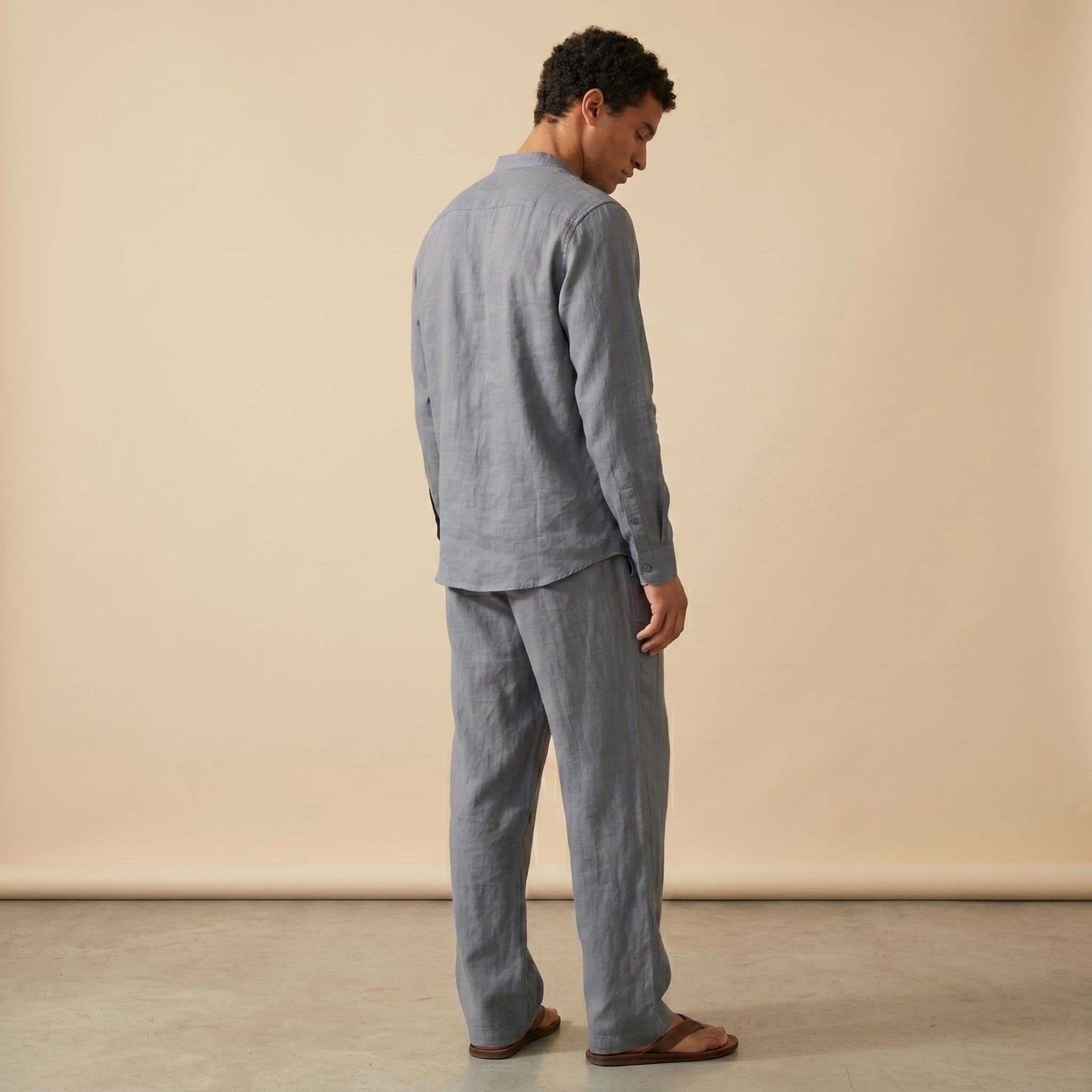 Men's Casual Grandad-Collar Shirt and Trousers Set | Straight-Leg