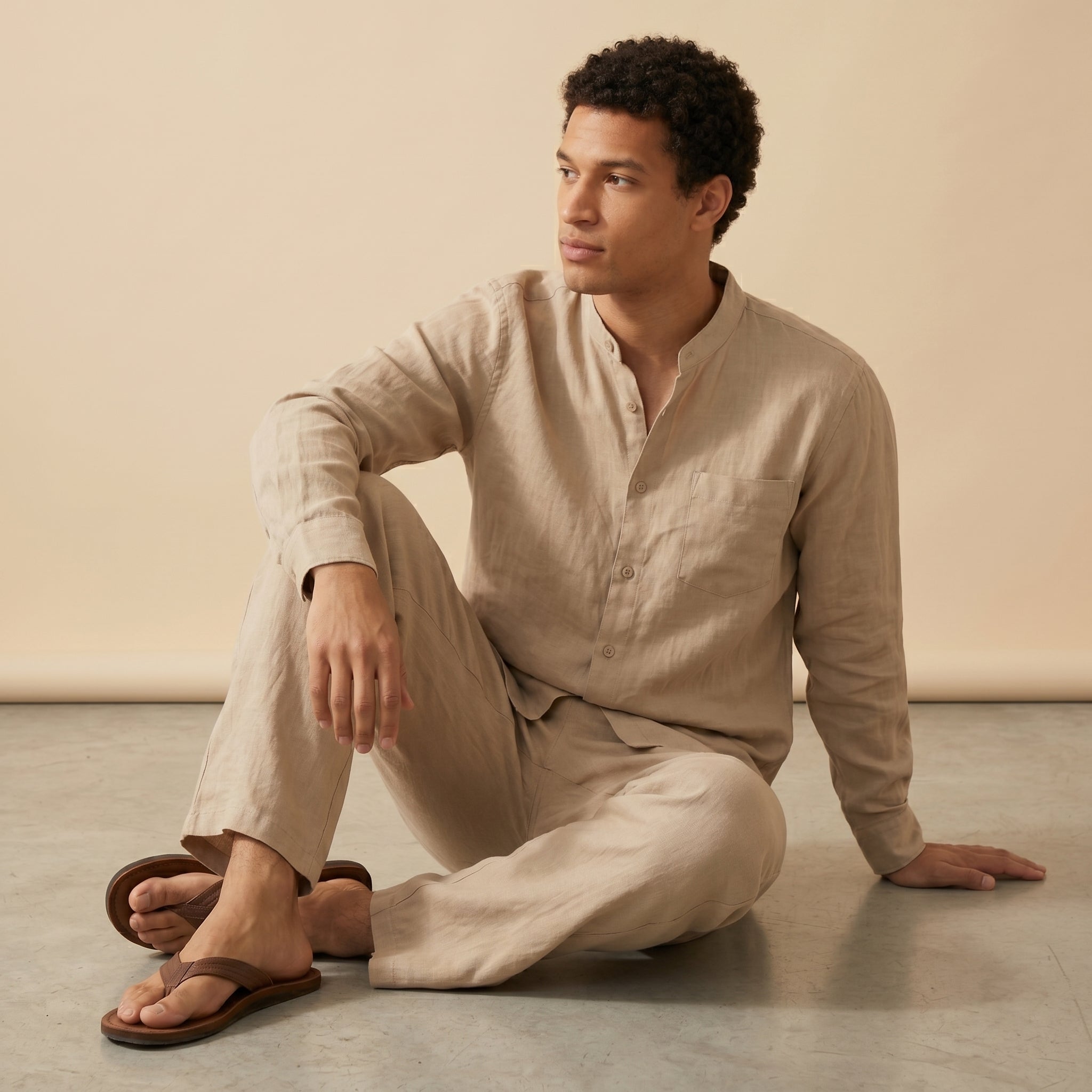 Men's Casual Grandad-Collar Shirt and Trousers Set | Straight-Leg