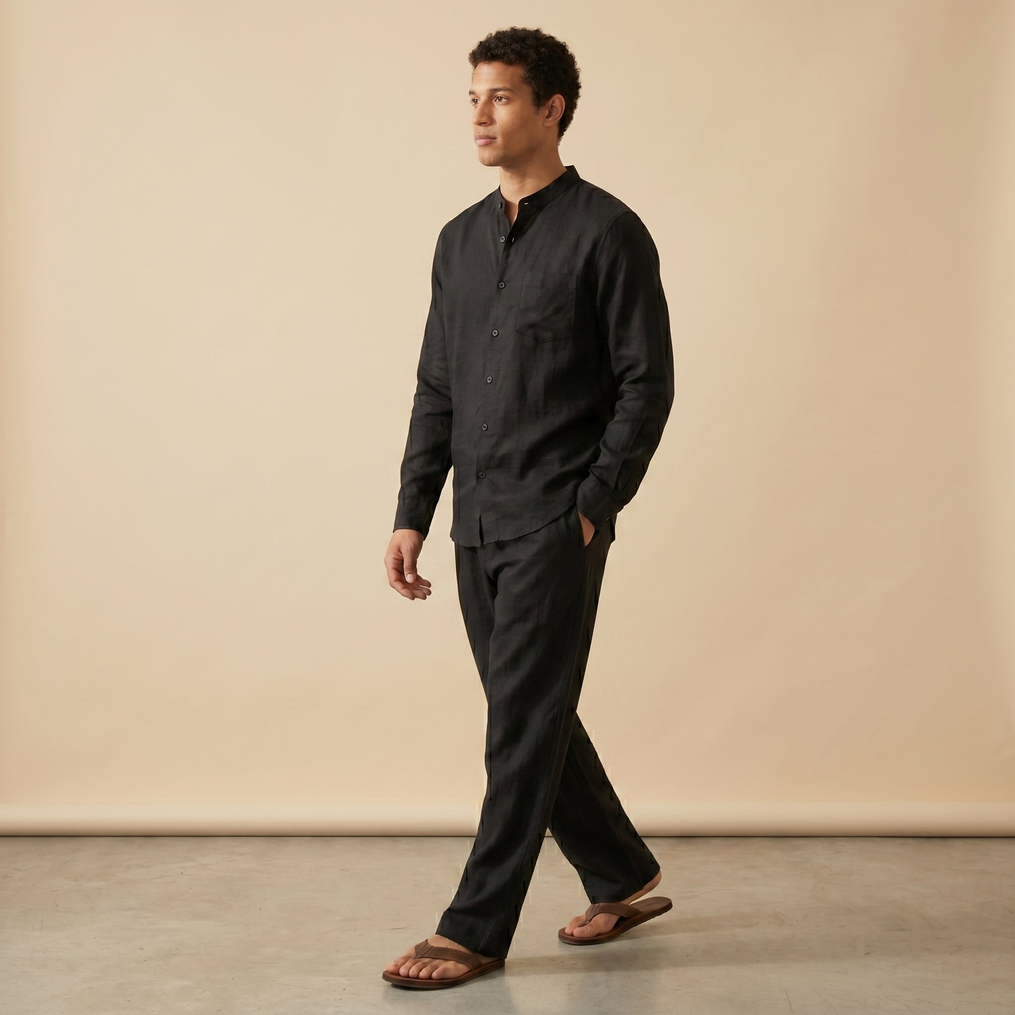 Men's Casual Grandad-Collar Shirt and Trousers Set | Straight-Leg