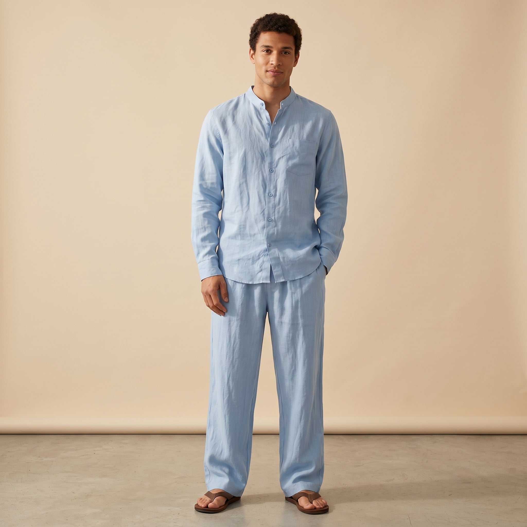 Men's Casual Grandad-Collar Shirt and Trousers Set | Straight-Leg