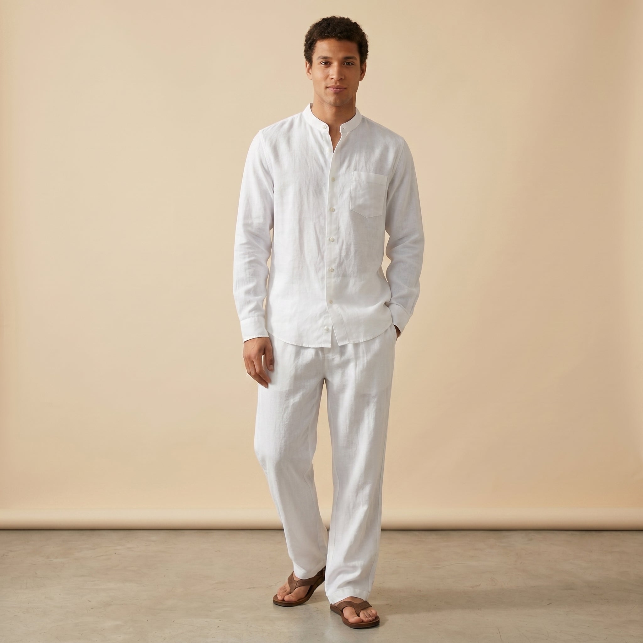 Men's Casual Grandad-Collar Shirt and Trousers Set | Straight-Leg