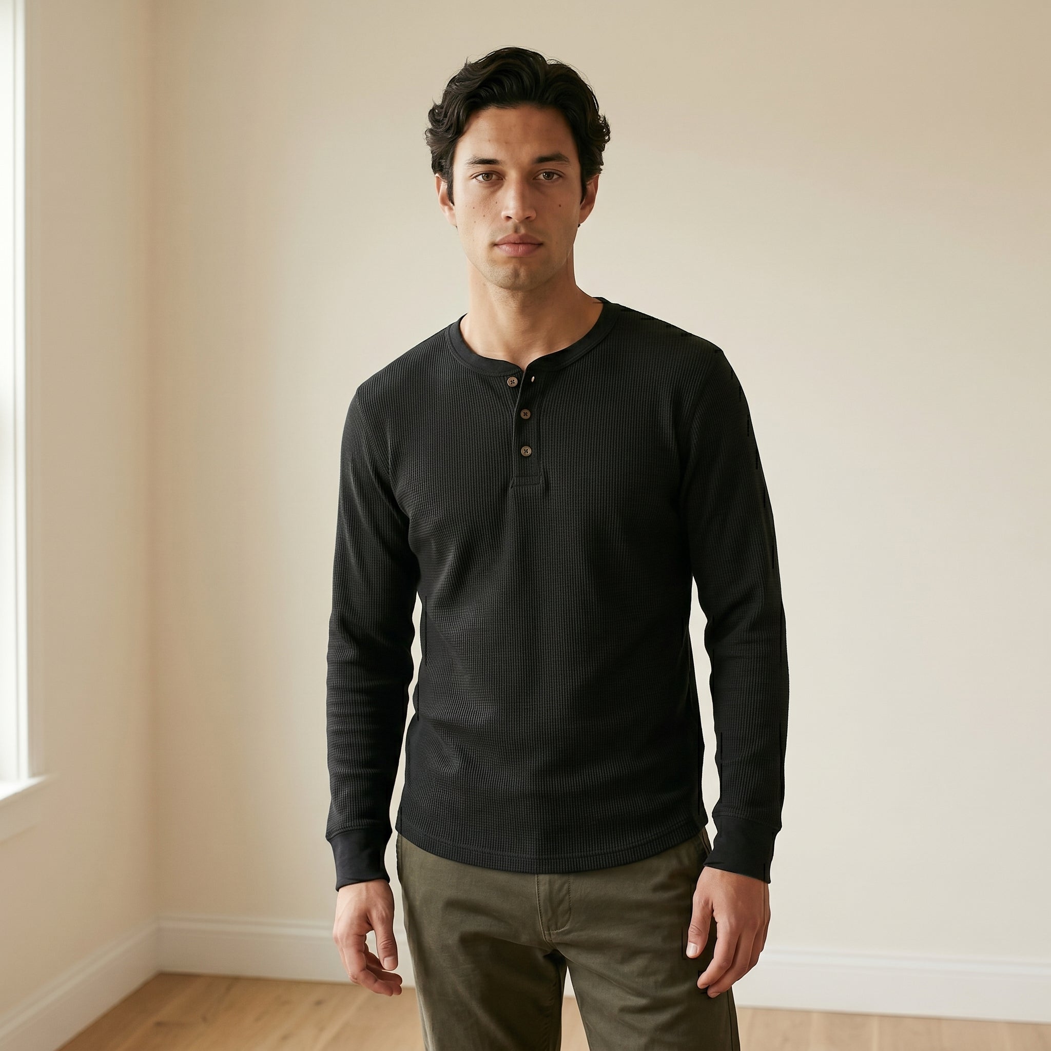 Men's Casual Ribbed Henley Shirt | Long Sleeve