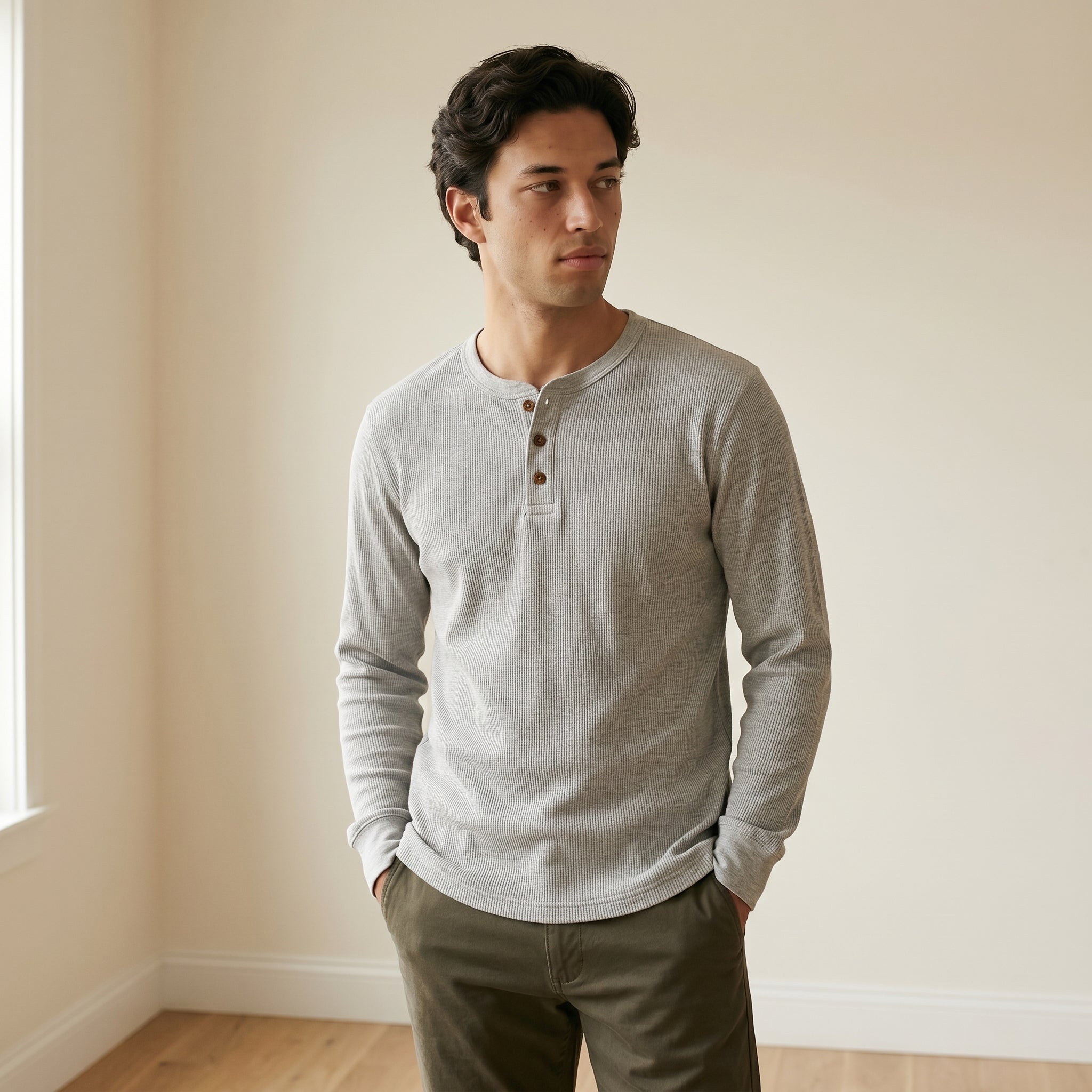 Men's Casual Ribbed Henley Shirt | Long Sleeve