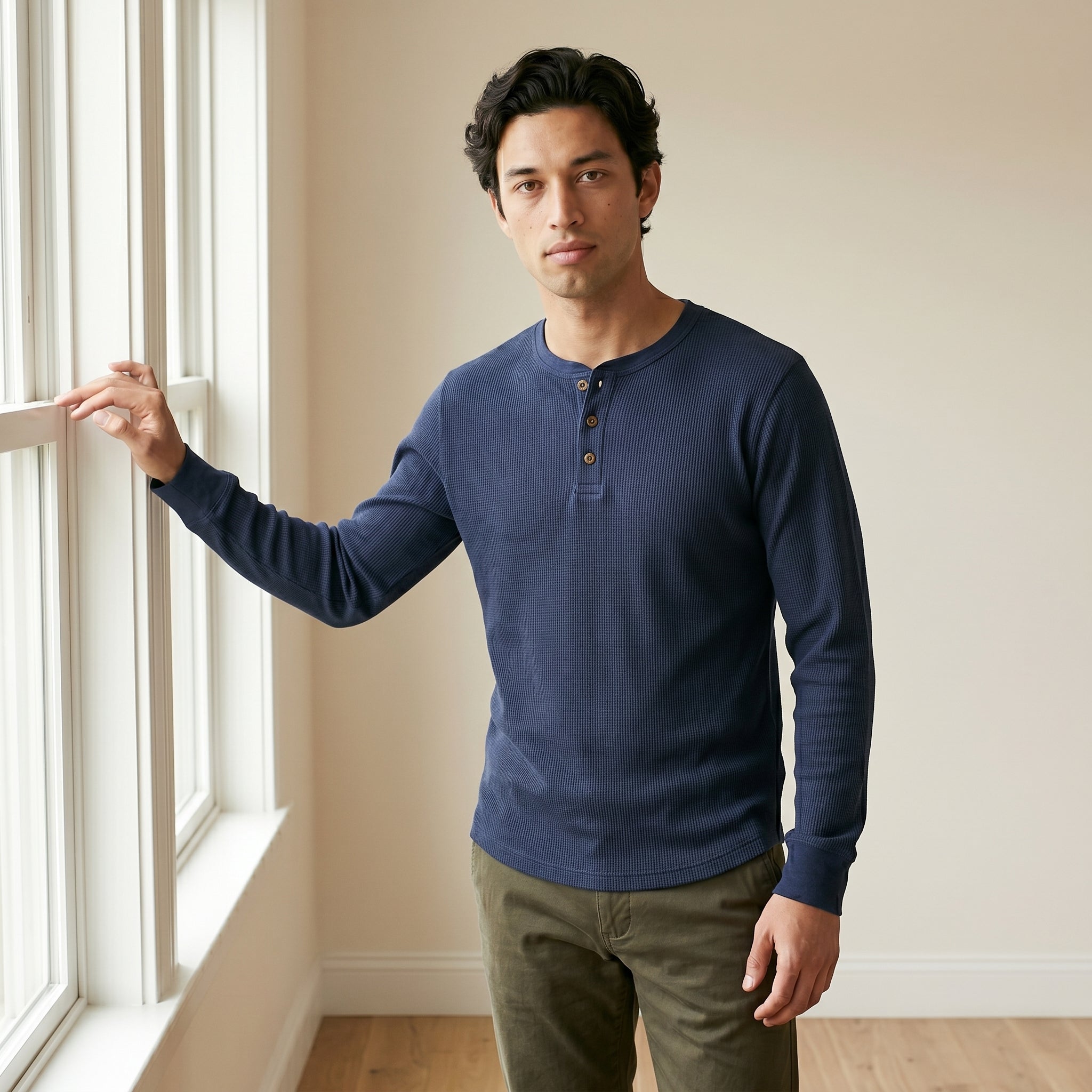 Men's Casual Ribbed Henley Shirt | Long Sleeve