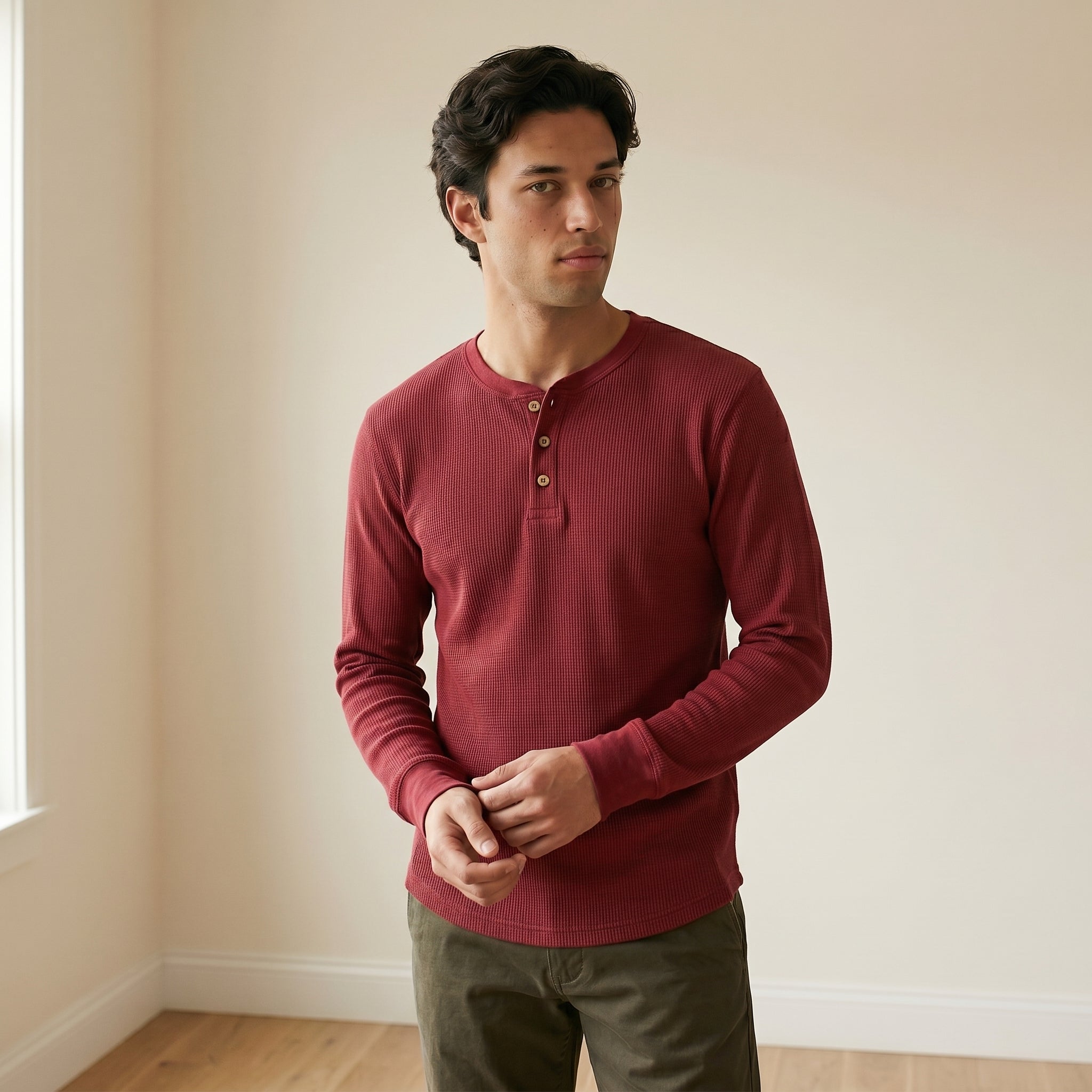 Men's Casual Ribbed Henley Shirt | Long Sleeve