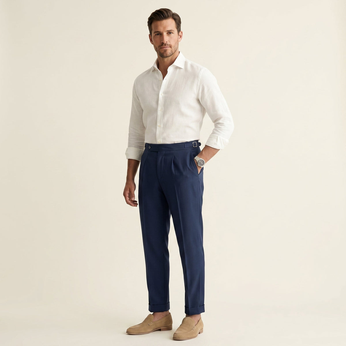 Men's High-Waist Trousers Tailored Pleated Straight Leg Flat-Front Smart-Casual Office Formal Business Sylvester