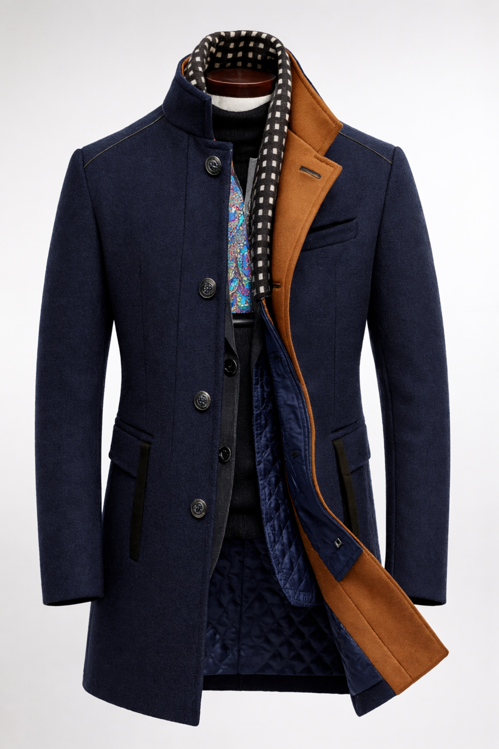 Men's Colorblock Overcoat Tailored Fit Long Sleeve Notched Collar Button-Up Winter Outerwear