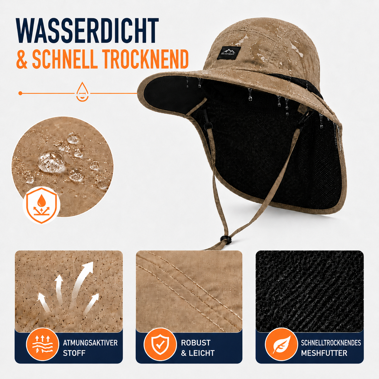 Men's Wide-Brim Sun Hat Bucket Neck Flap Coverage Foldable Outdoor Hiking Fishing Travel Casual Everyday Quill