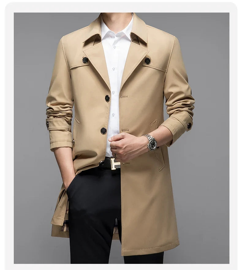 Men's Trench Coat Classic Fit Double-Breasted Long Sleeve Stylish Outerwear