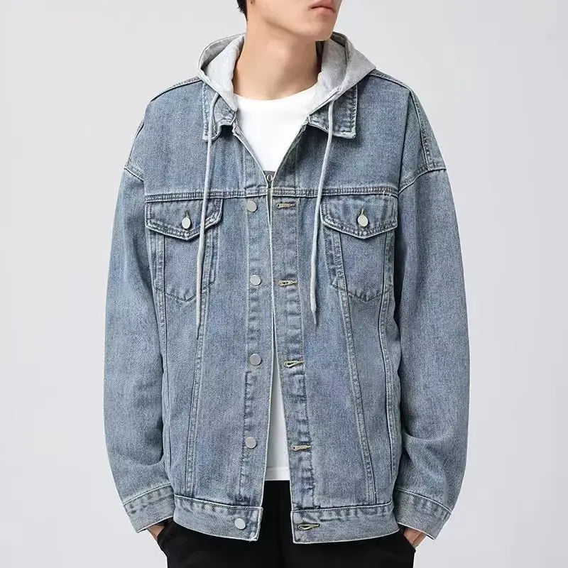 Men's Hooded Denim Jacket Casual Fit Long Sleeve Zip Closure Everyday Wear