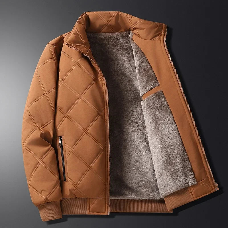 Men's Quilted Jacket Zip Closure Stand Collar Casual Outdoor Layering