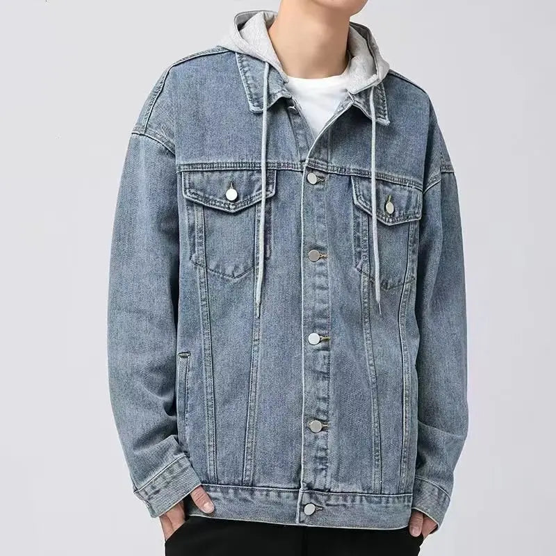 Men's Hooded Denim Jacket Casual Fit Long Sleeve Zip Closure Everyday Wear
