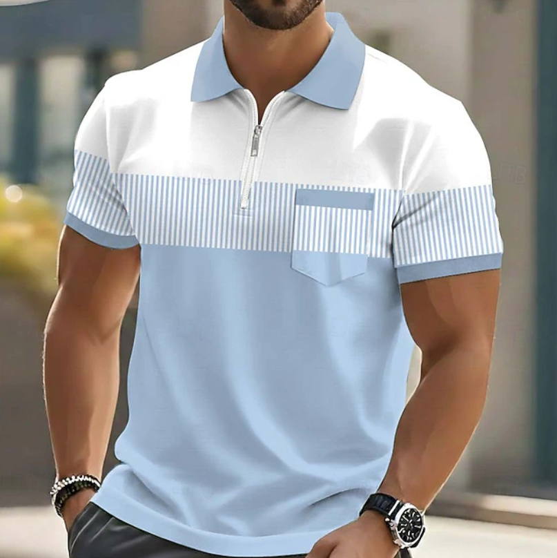Men's Casual Striped Polo Shirt Short-Sleeve Zipper Collar Relaxed Fit Summer Holiday Beach Everyday Smart-Casual Modern
