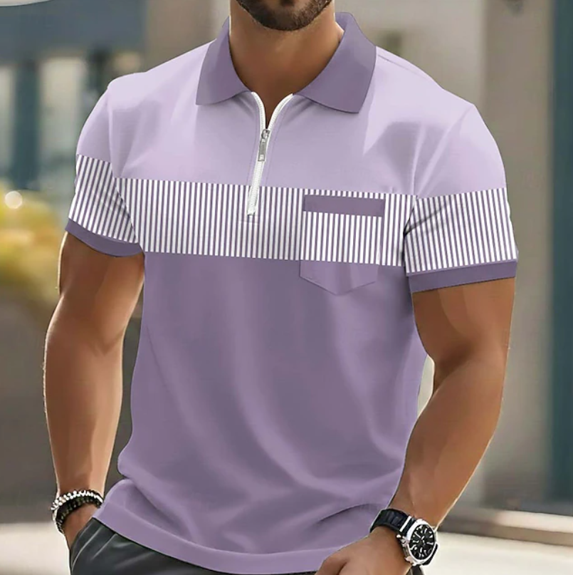 Men's Casual Striped Polo Shirt Short-Sleeve Zipper Collar Relaxed Fit Summer Holiday Beach Everyday Smart-Casual Modern