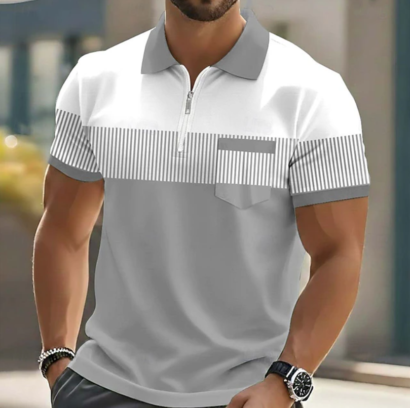Men's Casual Striped Polo Shirt Short-Sleeve Zipper Collar Relaxed Fit Summer Holiday Beach Everyday Smart-Casual Modern