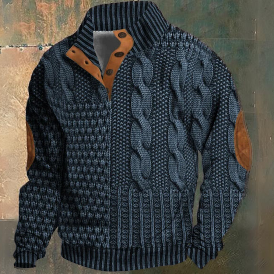 Men's Cable Knit Pullover Sweater Half-Button Stand Collar Textured Casual Wear
