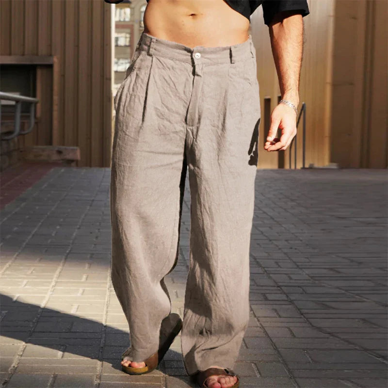 Men's Wide Trousers Pleated Front Relaxed Fit Casual Everyday Style