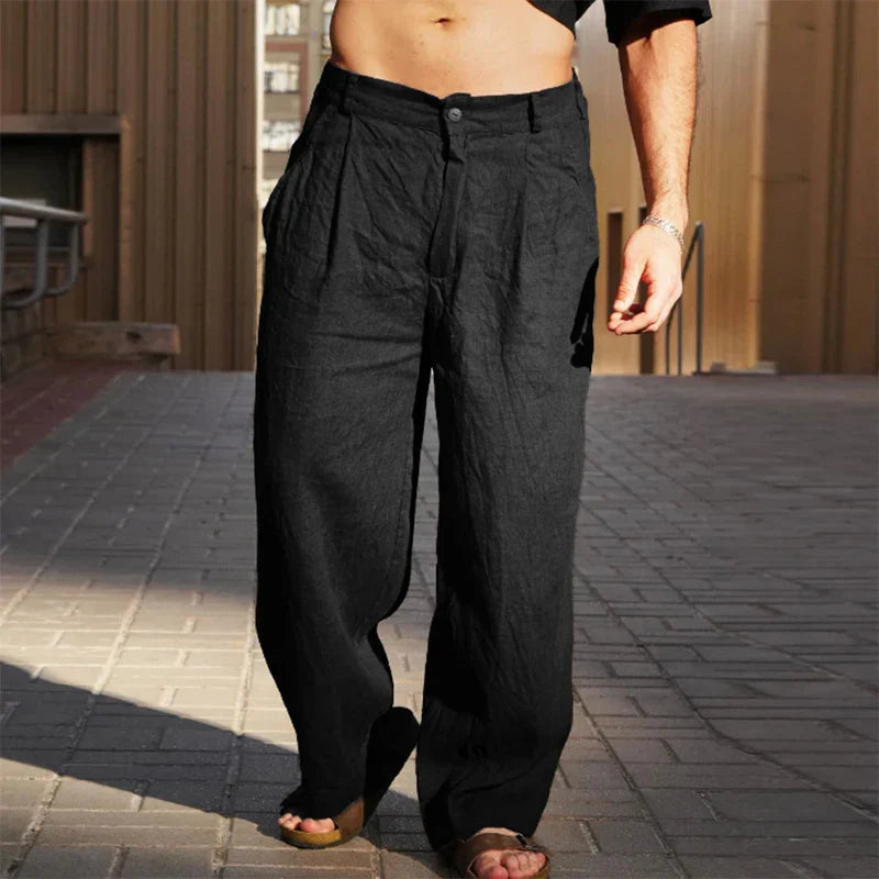 Men's Wide Trousers Pleated Front Relaxed Fit Casual Everyday Style