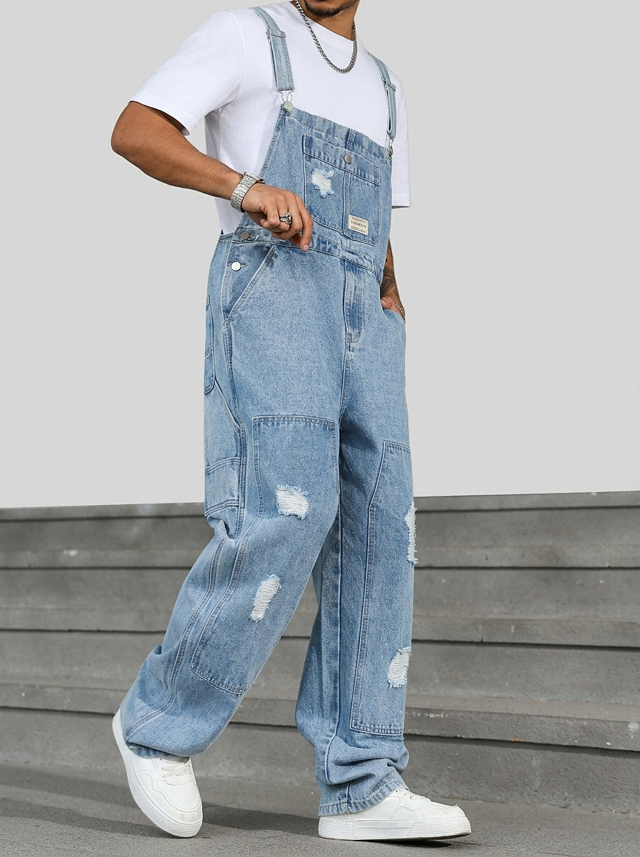 Men’s Distressed Denim Bib Overalls
