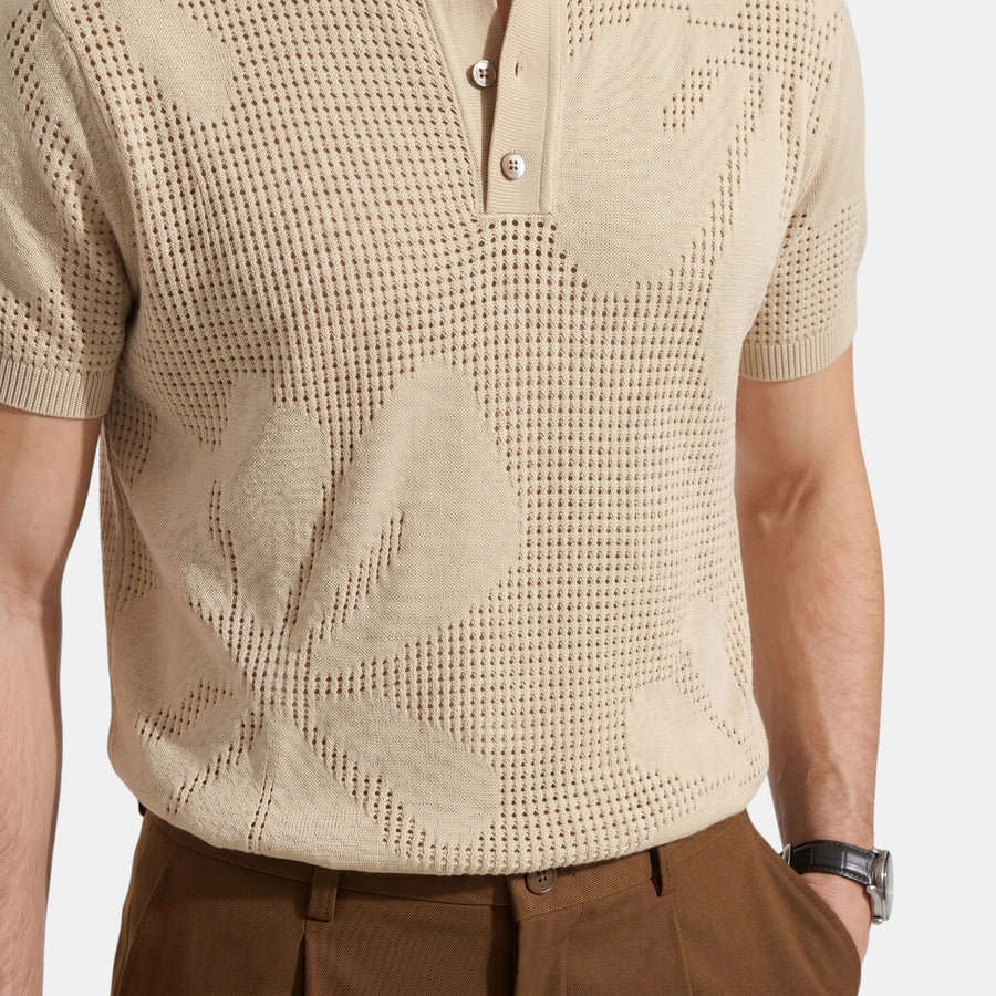 Men's Striped Knit Polo Shirt Short-Sleeve Collared Ribbed Knitted Casual Smart-Casual Everyday Leon