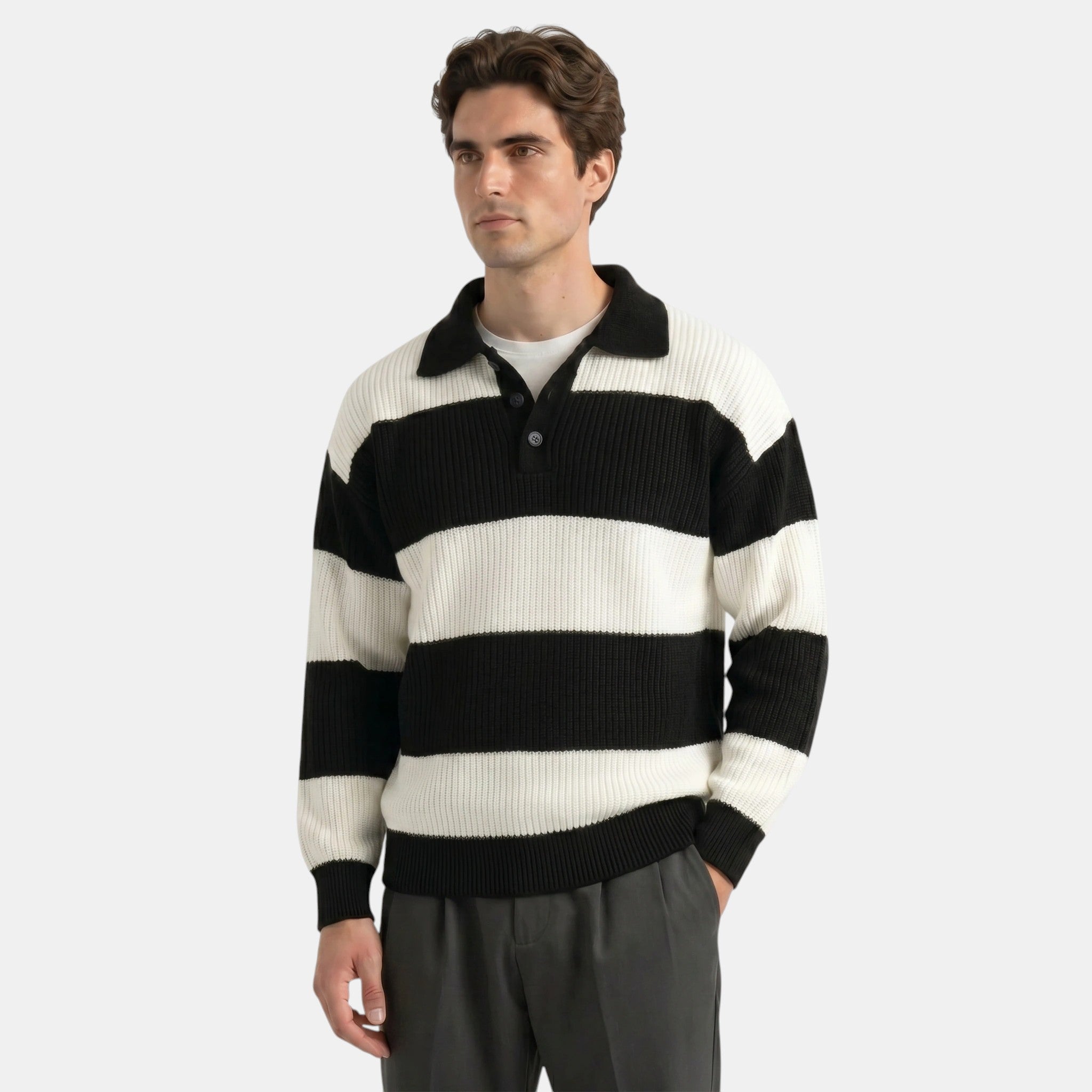 Men's Striped Polo Knit Sweater Loose Fit
