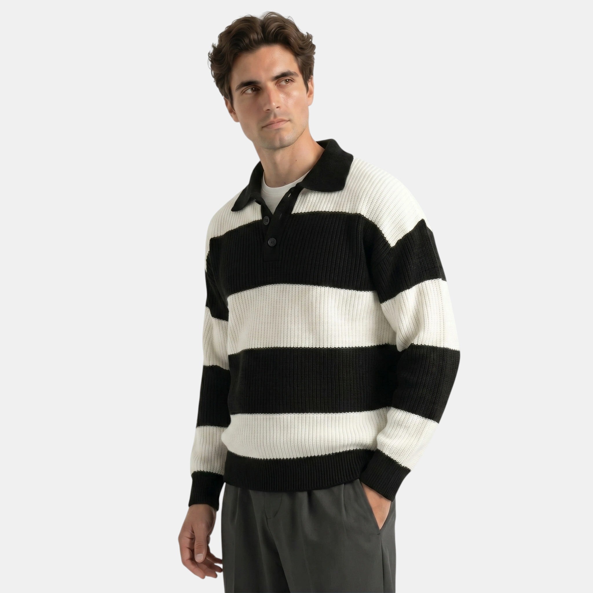 Men's Striped Polo Knit Sweater Loose Fit