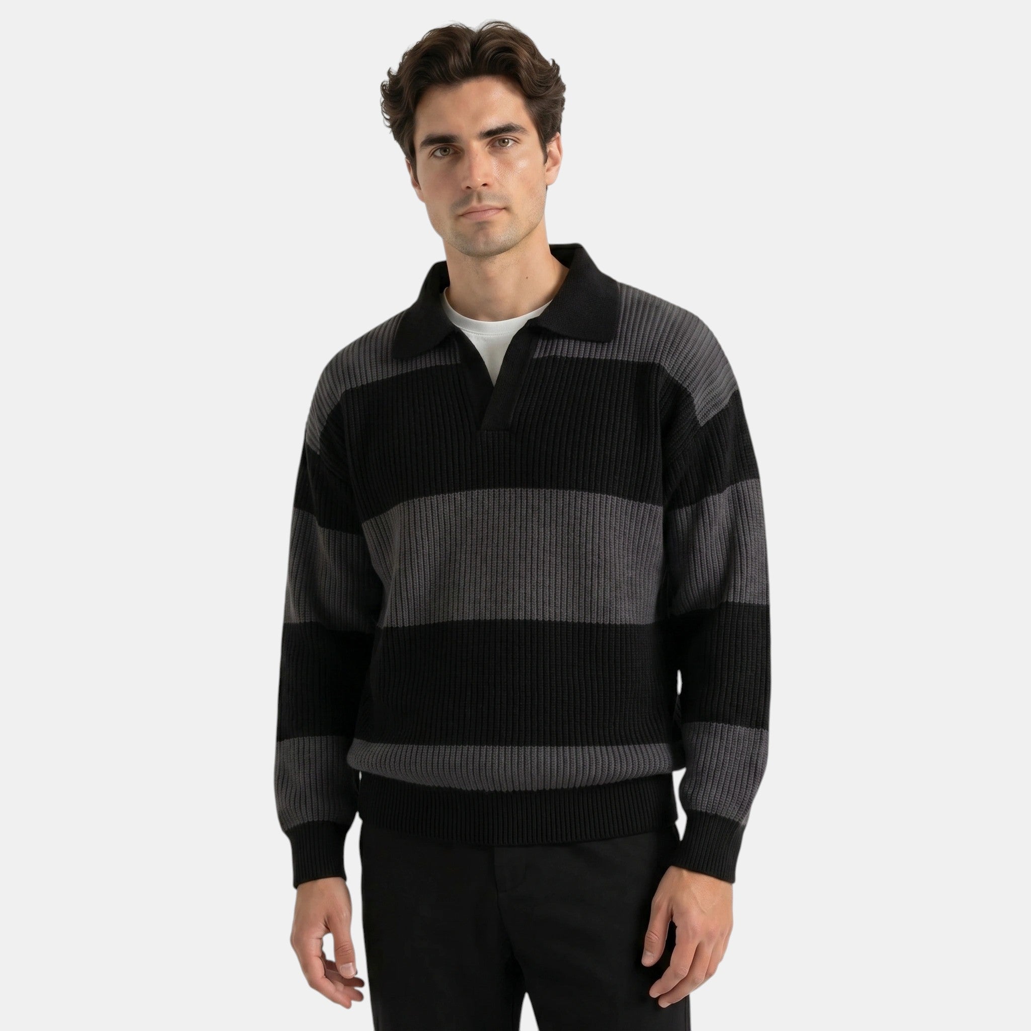 Men's Striped Polo Knit Sweater Loose Fit