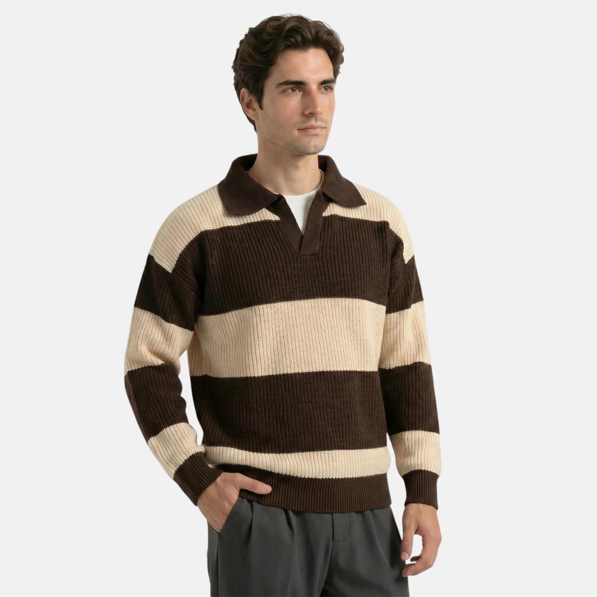 Men's Striped Polo Knit Sweater Loose Fit