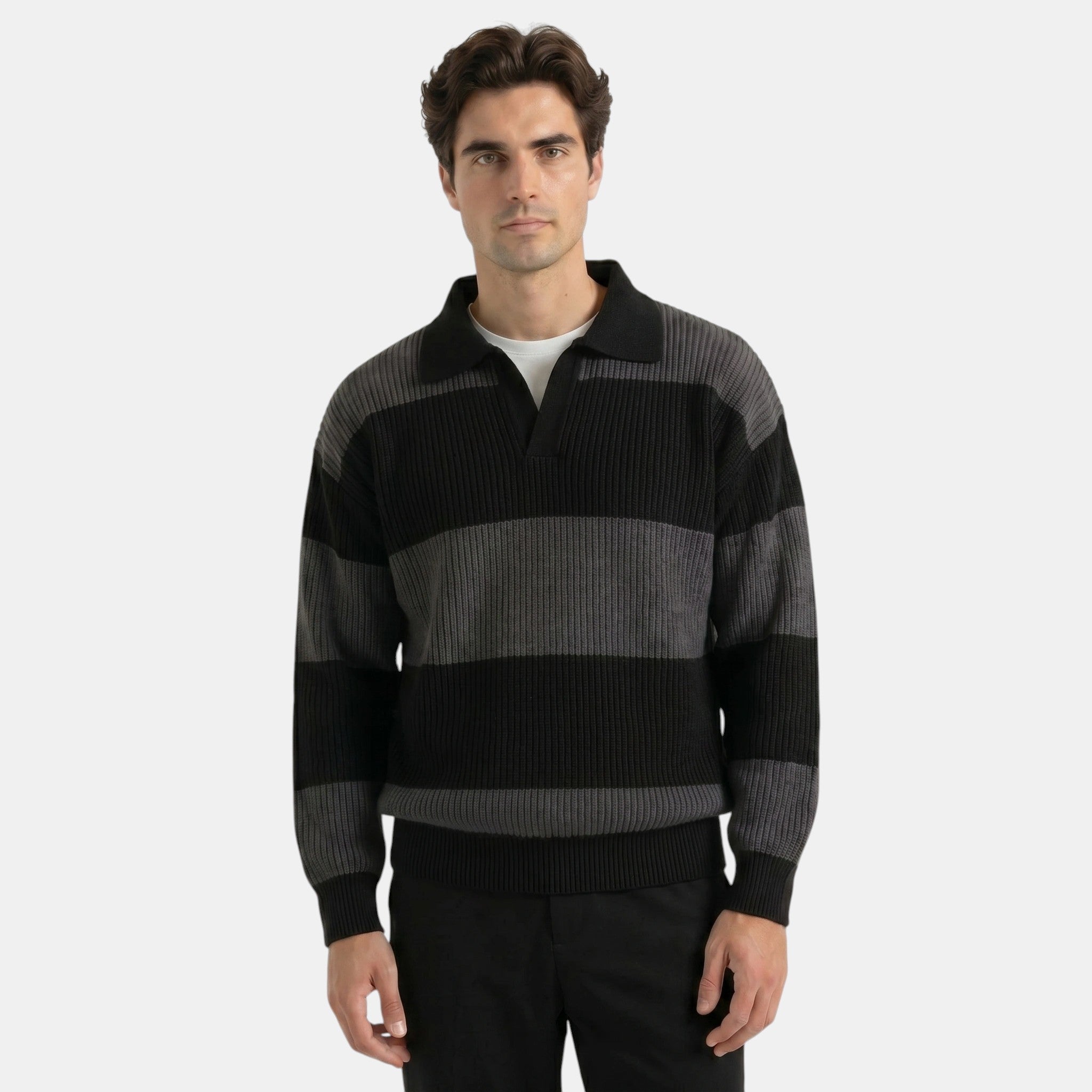 Men's Striped Polo Knit Sweater Loose Fit