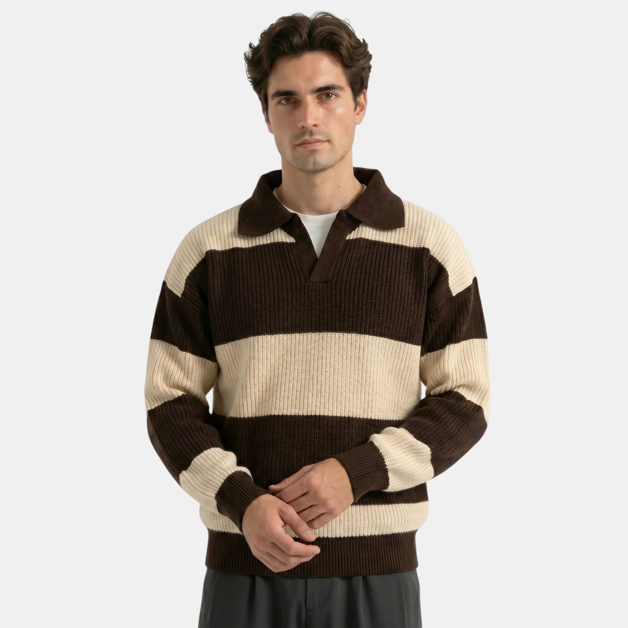 Men's Striped Polo Knit Sweater Loose Fit