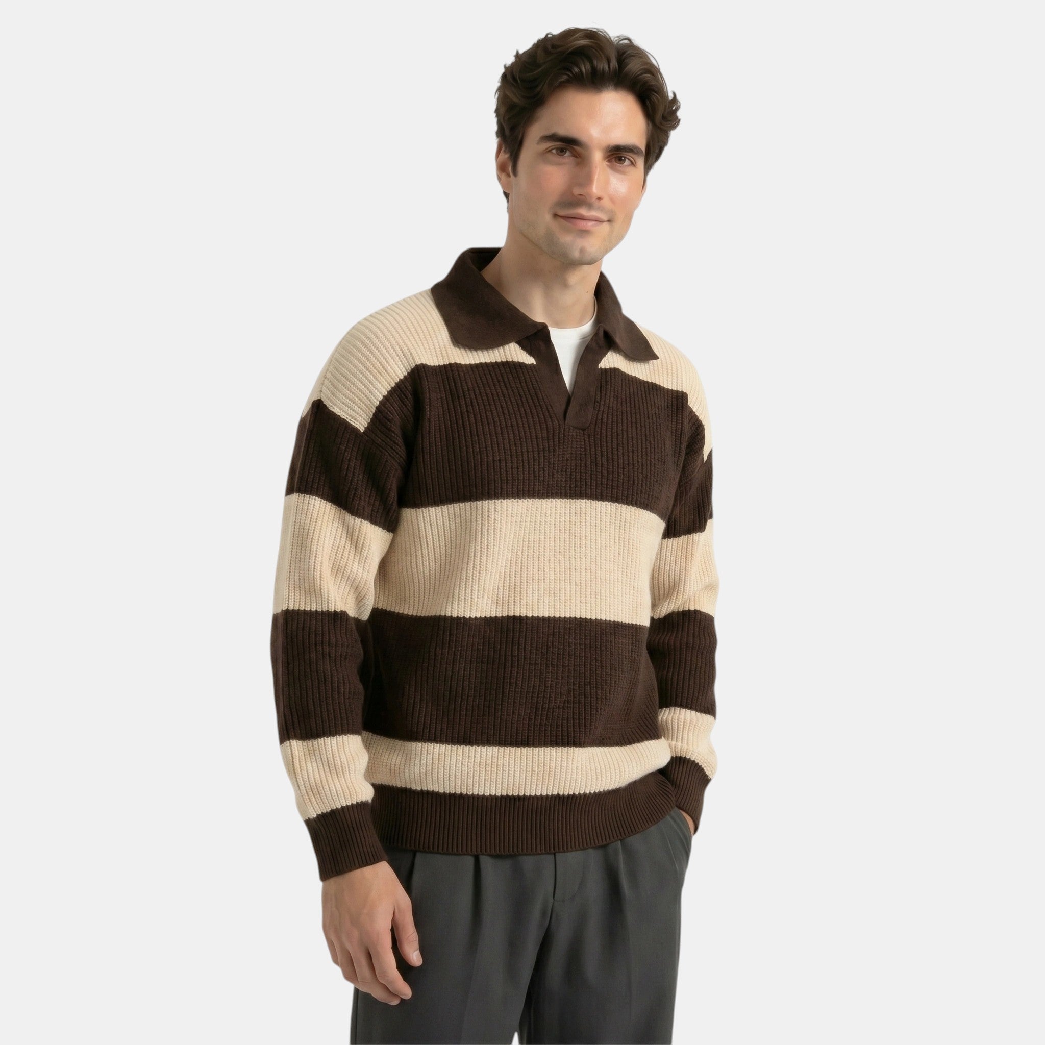 Men's Striped Polo Knit Sweater Loose Fit