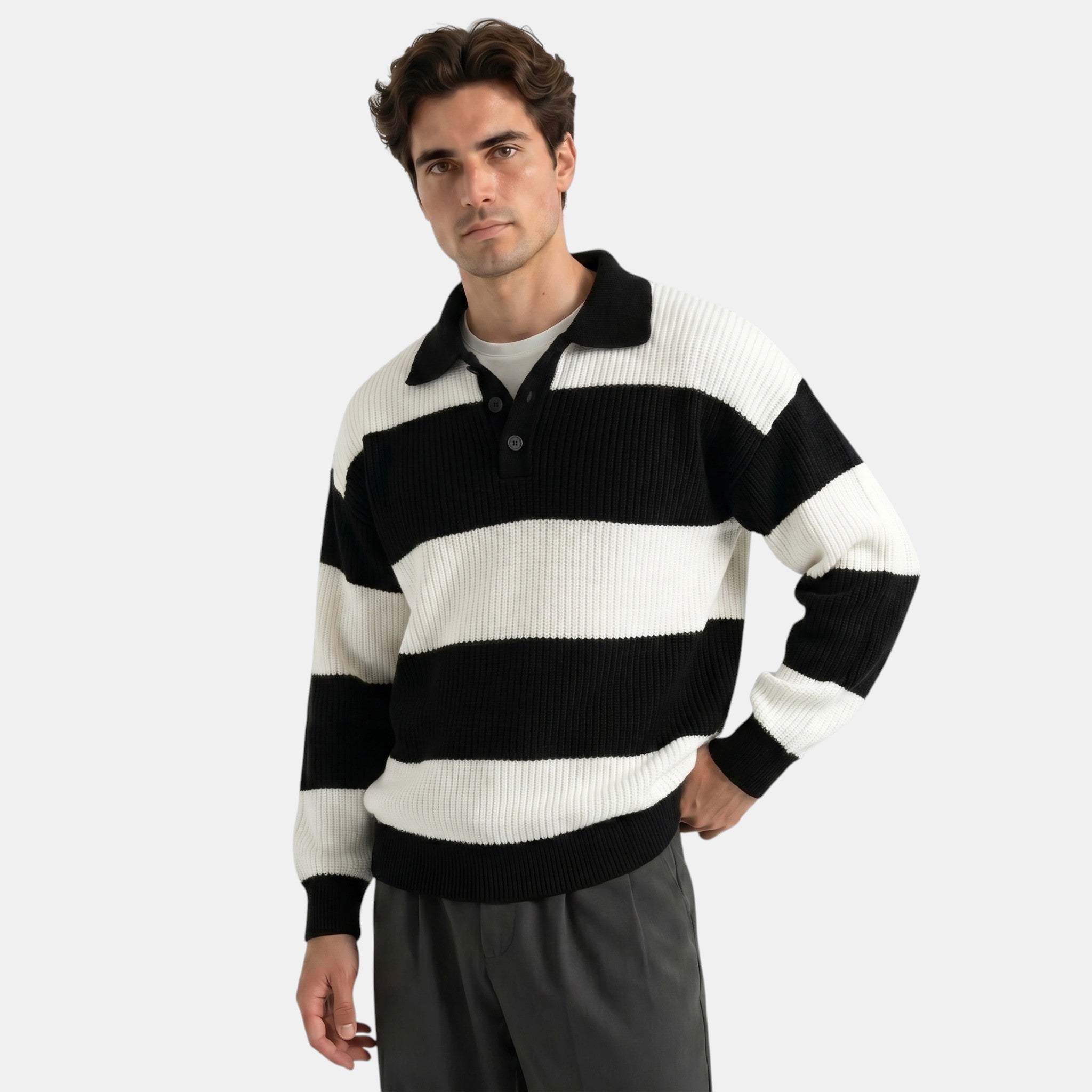 Men's Striped Polo Knit Sweater Loose Fit