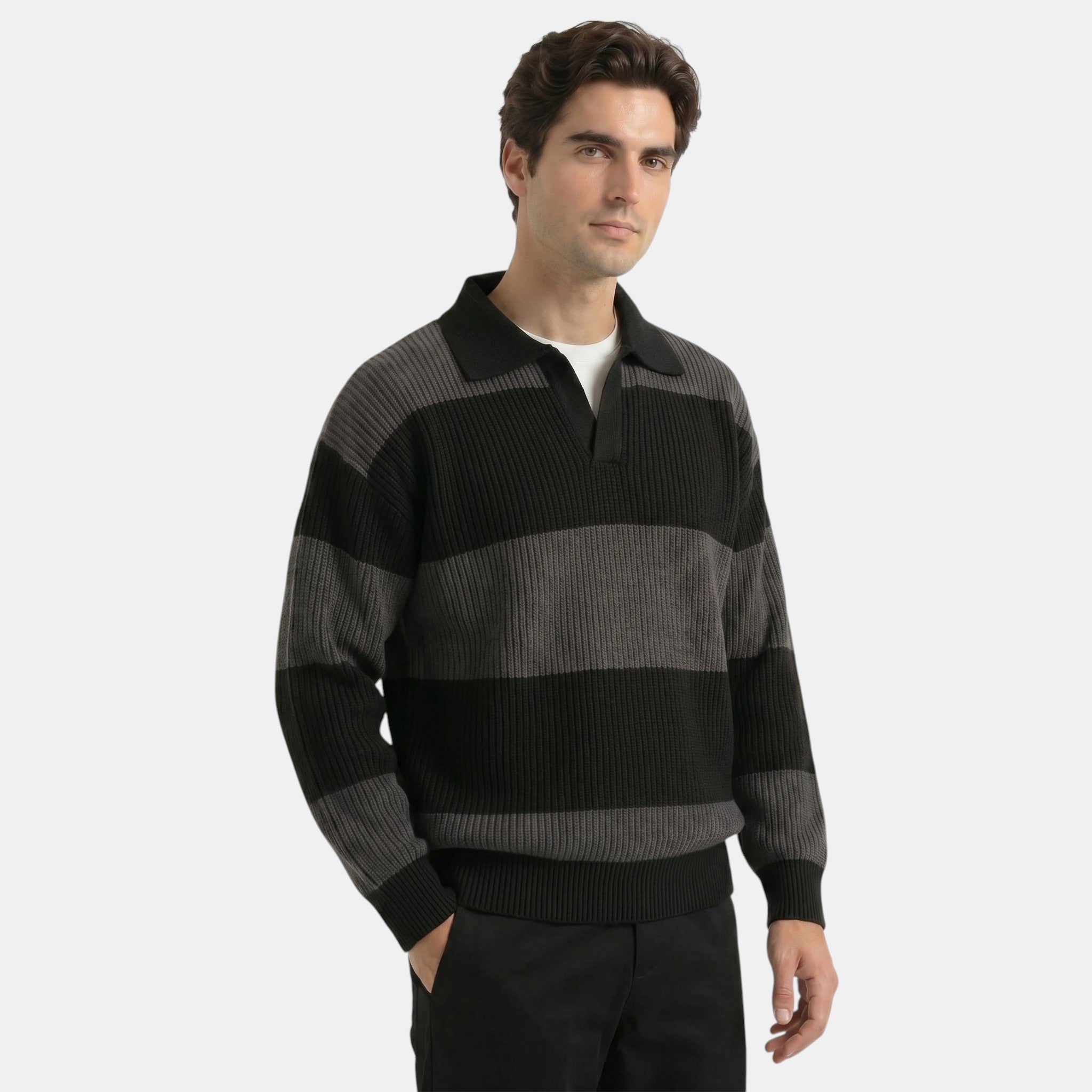 Men's Striped Polo Knit Sweater Loose Fit