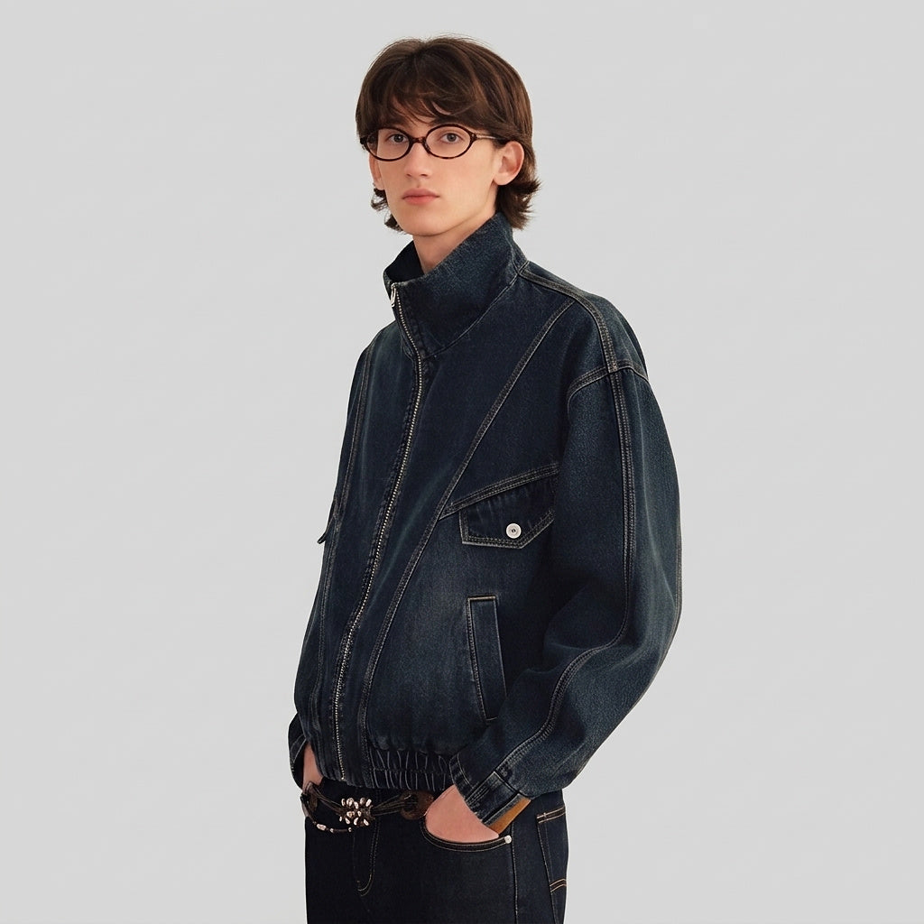 Men’s Denim Jacket with High Collar and Zip Closure