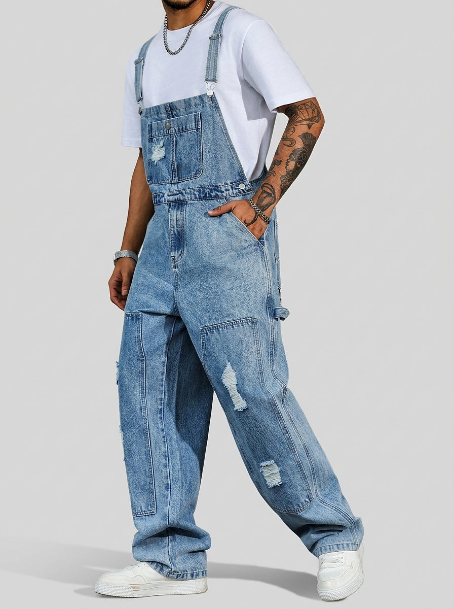 Men’s Distressed Denim Bib Overalls