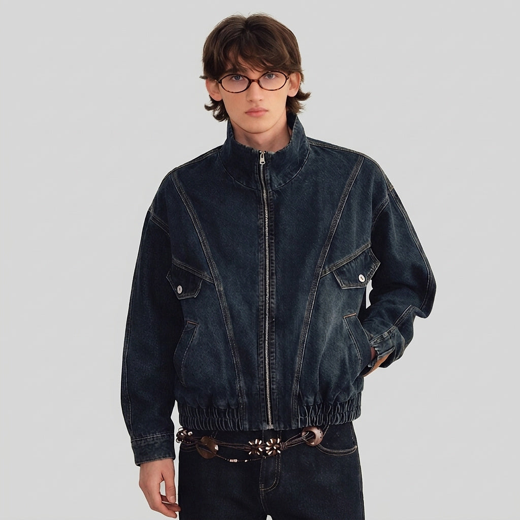 Men’s Denim Jacket with High Collar and Zip Closure