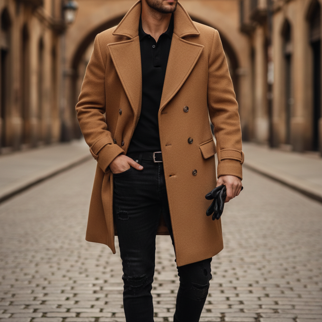 Men's Classic Overcoat Tailored Fit Notched Collar Double-Breasted Formal