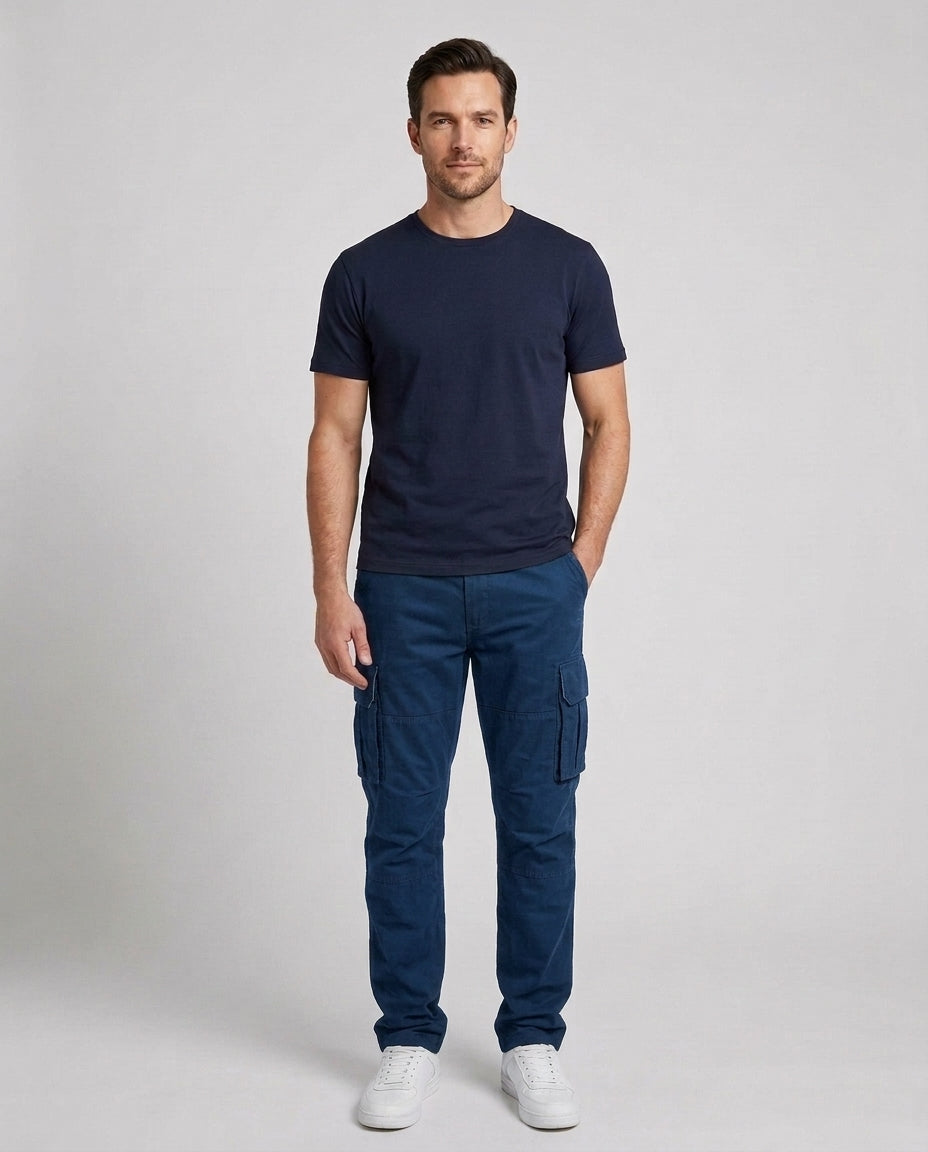 Men's Cargo Trousers Relaxed Fit Utility Pockets Versatile Casual Wear - Blue Front [Lystr 6ac8a11aaa305fd9358a4bc5:blue:front]