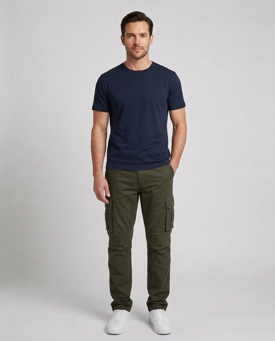 Men's Cargo Trousers Relaxed Fit Utility Pockets Versatile Casual Wear - Camo Green Front [Lystr 6ac8a11aaa305fd9358a4bc5:camo green:front]